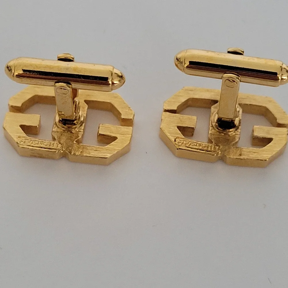 Givenchy Vintage Double G Logo Cufflinks Gold Tone Geometric Designer Mens Acces